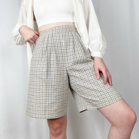 Vintage Pants - Vintage High Rise Plaid Woven Knit Pleated Relaxed Fit Straight Leg Long Shorts